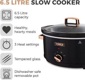 Tower T16019RG Infinity Slow Cooker with 3 Heat Settings & Keep Warm Function, 6.5L, 270W, Black and Rose Gold - Image 2