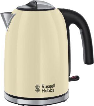 Russell Hobbs Cream Stainless Steel 1.7L Cordless Electric Kettle with black handle (Fast Boil 3KW, Removable washable anti-scale filter, Pull to open hinged lid, Perfect pour spout) 20415