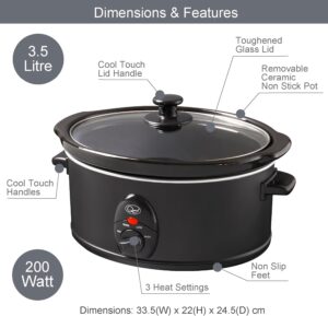 Quest 35279 3.5 Litre Slow Cooker/Compact Stainless Steel / 3 Temperature Settings/Transparent Toughened Glass Lid/Dishwasher Safe Bowl/Black Colour / 200W - Image 2