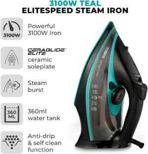 Tower CeraGlide T22013TL Ultra Speed Iron with Ceramic Soleplate Variable Steam Function, 3100W, Black & Teal - Image 2