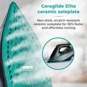 Tower CeraGlide T22013TL Ultra Speed Iron with Ceramic Soleplate Variable Steam Function, 3100W, Black & Teal - Image 4