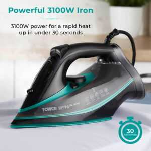 Tower CeraGlide T22013TL Ultra Speed Iron with Ceramic Soleplate Variable Steam Function, 3100W, Black & Teal - Image 3